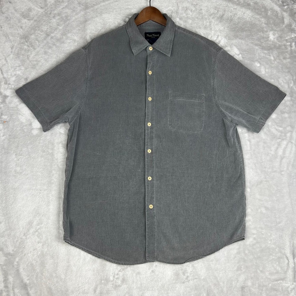 Nat Nast Men's Gray Silk Cotton Blend‎ Short Sleeve Button Down Shirt